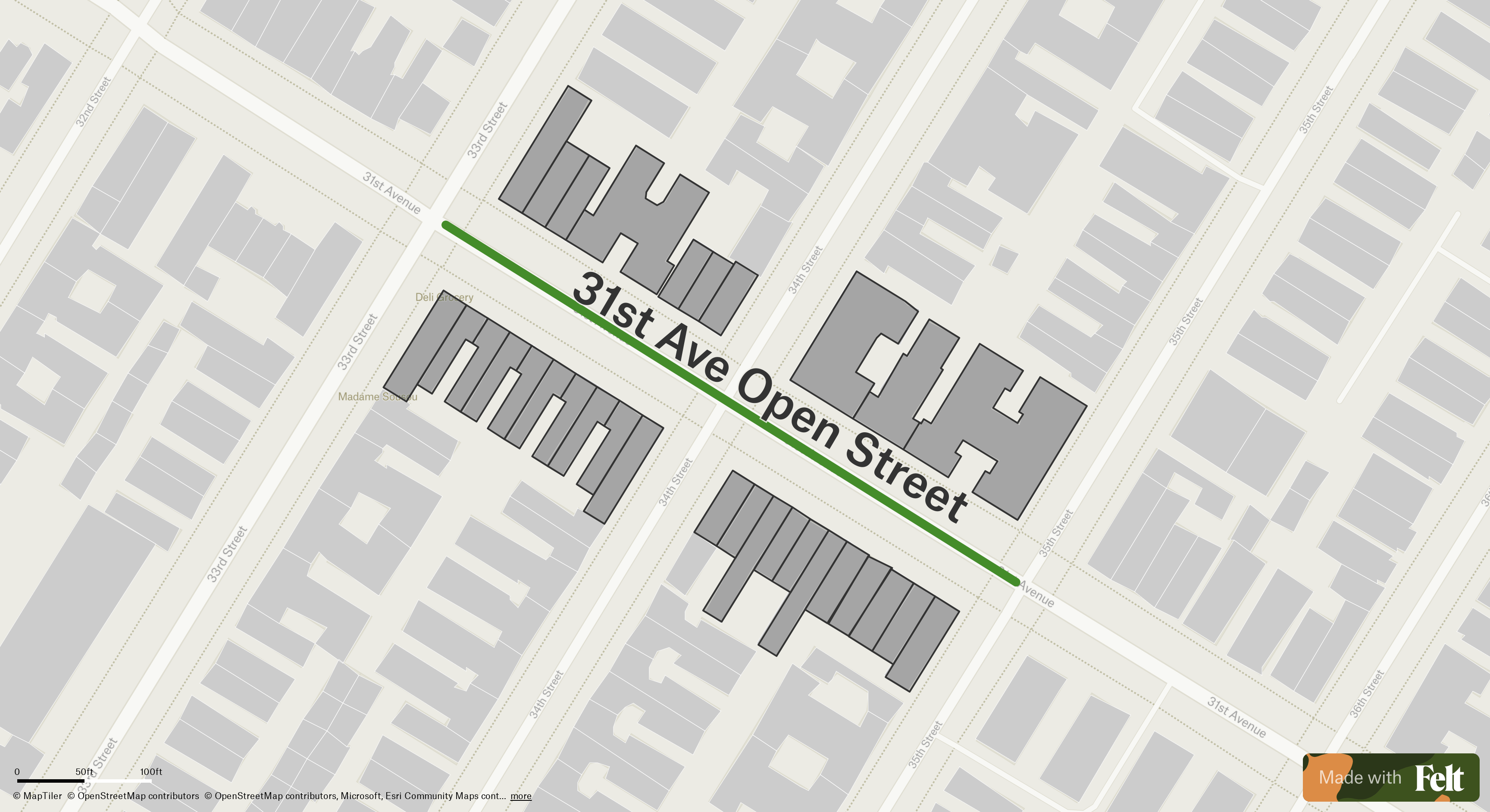 A map showing the location of 31st Avenue Open Street in Queens, NYC